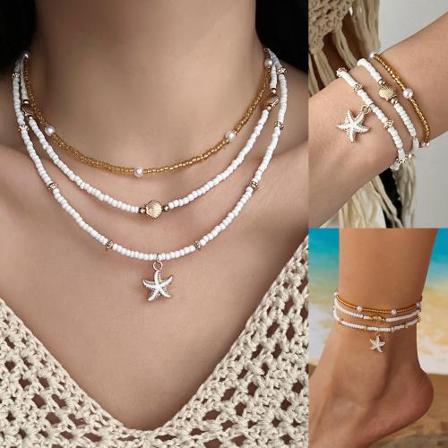 Zinc Alloy Jewelry Set, anklet & bracelet & necklace, with Seedbead & Plastic Pearl, gold color plated, fashion jewelry 