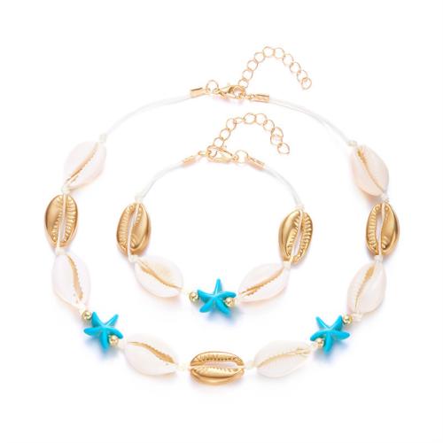 Shell Jewelry Sets, Zinc Alloy, bracelet & necklace, with Shell & Resin, gold color plated, fashion jewelry 