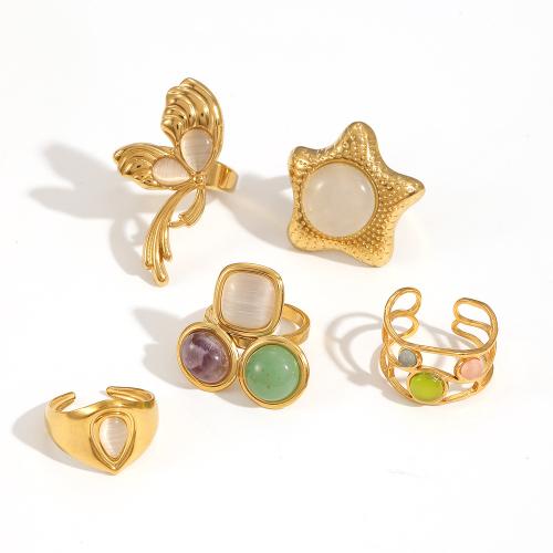 Gemstone Stainless Steel Finger Ring, 304 Stainless Steel, with Cats Eye, plated, fashion jewelry & for woman, golden 