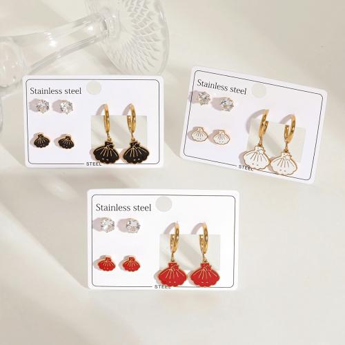 clou d'oreille en acier inoxydable avec stras, Acier inoxydable 304, Placage de couleur d'or, trois pièces & styles différents pour le choix & pour femme & émail & avec strass, plus de couleurs à choisir, Vendu par fixé
