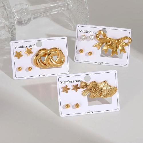 clou d'oreille en acier inoxydable avec stras, Acier inoxydable 304, Placage de couleur d'or, trois pièces & styles différents pour le choix & pour femme & avec strass, Vendu par fixé