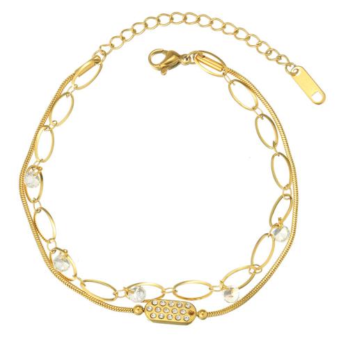 Bracelets en acier inoxydable, Acier inoxydable 304, avec cristal, Double couche & pour femme & avec strass, doré, Vendu par PC