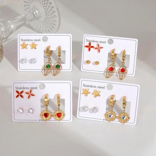 clou d'oreille en acier inoxydable avec stras, Acier inoxydable 304, Placage, trois pièces & styles différents pour le choix & pour femme & avec strass, doré, Vendu par fixé