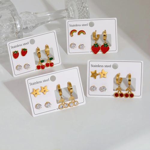 clou d'oreille en acier inoxydable avec stras, Acier inoxydable 304, Plaqué or 18K, trois pièces & styles différents pour le choix & pour femme & émail & avec strass, Vendu par fixé