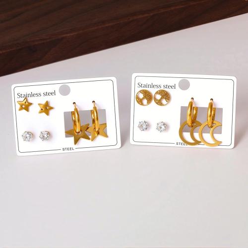 clou d'oreille en acier inoxydable avec stras, Acier inoxydable 304, Placage, trois pièces & styles différents pour le choix & pour femme & avec strass, doré, Vendu par fixé