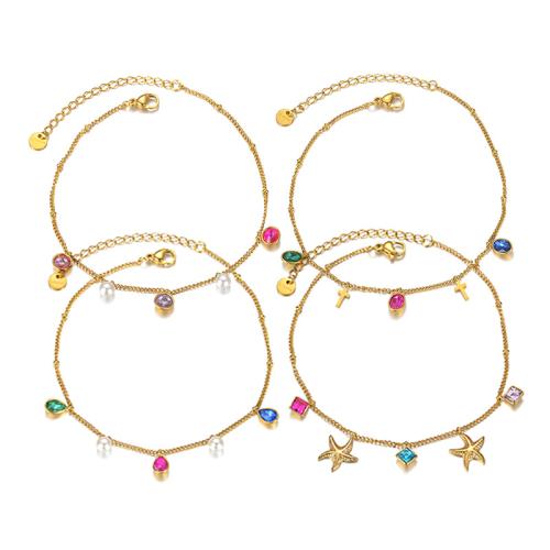 Edelstahl Fußkettchen Schmuck, 304 Edelstahl, mit kubischer Zirkonia & Kunststoff Perlen, plattiert, Modeschmuck & verschiedene Stile für Wahl & für Frau, goldfarben, verkauft von PC