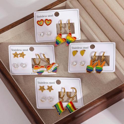 clou d'oreille en acier inoxydable avec stras, Acier inoxydable 304, Placage, trois pièces & styles différents pour le choix & pour femme & émail & avec strass, doré, Vendu par fixé