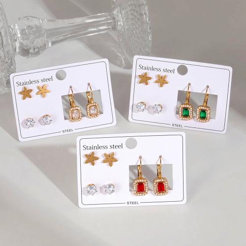 clou d'oreille en acier inoxydable avec stras, Acier inoxydable 304, Placage de couleur d'or, trois pièces & styles différents pour le choix & pour femme & émail & avec strass, plus de couleurs à choisir, Vendu par fixé