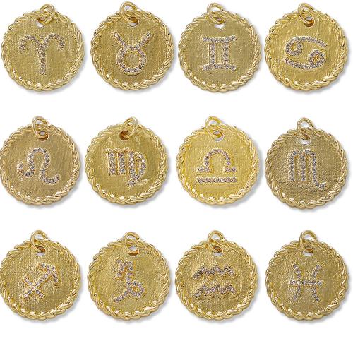 Cubic Zirconia Micro Pave Brass Pendant, 12 Signs of the Zodiac, gold color plated, DIY & micro pave cubic zirconia, golden 