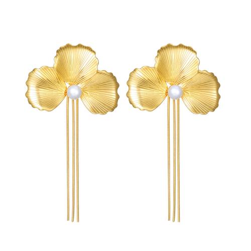 Boucle d'oreille goutte inox, Acier inoxydable 304, avec perle de plastique, Ginkgo Feuille, Plaqué or 18K, bijoux de mode & pour femme, Vendu par paire