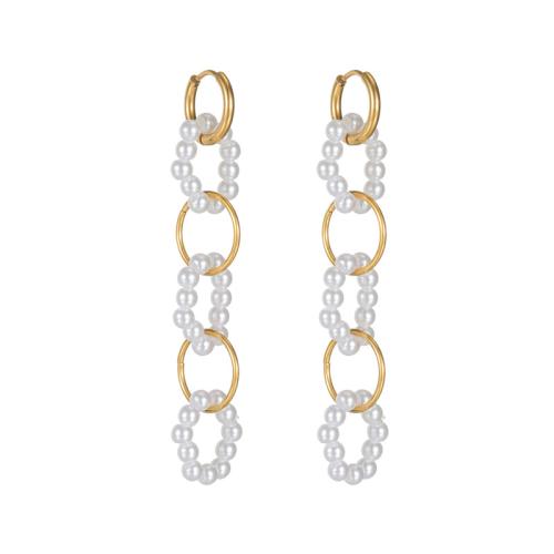 Boucle d'oreille goutte inox, Acier inoxydable 304, avec perle de plastique, Plaqué or 18K, bijoux de mode & pour femme, Vendu par paire[