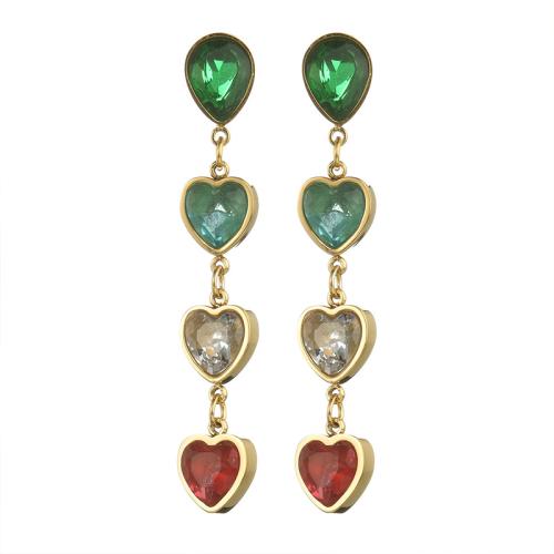 Boucle d'oreille goutte inox, Acier inoxydable 304, coeur, Placage, bijoux de mode & pavé de micro zircon & pour femme, doré, Vendu par paire
