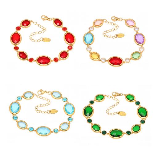 Glass Jewelry Beads Bracelets, 304 Stainless Steel, with Glass Stone, plated, fashion jewelry & for woman, golden 