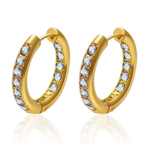 Stainless Steel Huggie Hoop Earring, 304 Stainless Steel, gold color plated, fashion jewelry & with rhinestone, golden 