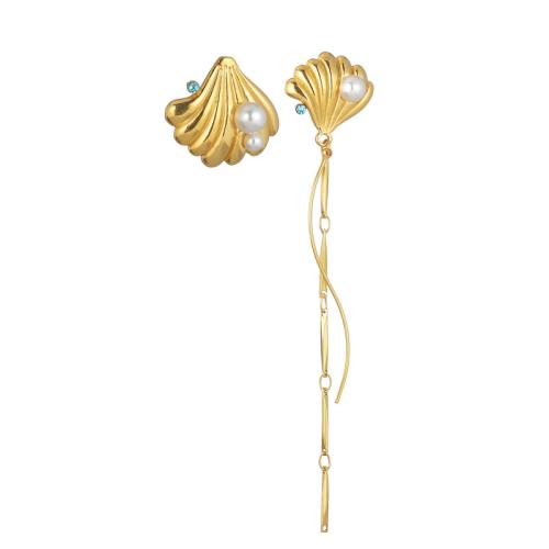 Boucles d'oreilles asymétriques, Acier inoxydable 304, avec perle de plastique, coquille, Placage, bijoux de mode & pour femme & avec strass, doré, Vendu par paire
