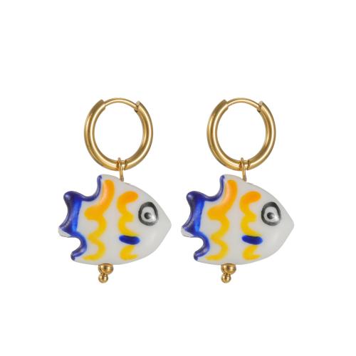 Boucle d'oreille de bijoux en porcelaine, Acier inoxydable 304, avec porcelaine, poisson, dessiné à la main, bijoux de mode & pour femme, Vendu par paire