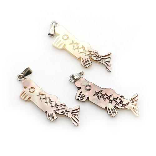 Natürlichen Muschel -Anhänger, Black+Lip+Shell, mit Wachsschnur & Eisen, Fisch, Modeschmuck, gemischte Farben, 12x34mm, verkauft von PC