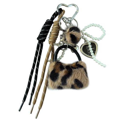 Fur Plush Key Chain, Aluminum Alloy, with Plush & Polyester Cord & Glass Pearl, DIY & enamel 