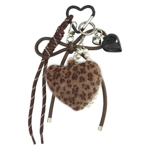 Fur Plush Key Chain, Aluminum Alloy, with Plush & Polyester Cord & Glass Pearl, Heart, DIY & enamel 