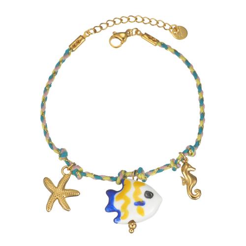 Acero inoxidable Pulsera con dijes, acero inoxidable 304, con Porcelana & cordón poliéster, chapado, Joyería & diferentes estilos para la opción & para mujer, Vendido por UD