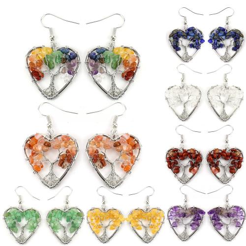Edelstein Tropfen Ohrring, mit Messingdraht & Zinklegierung, Herz, handgemacht, verschiedenen Materialien für die Wahl & für Frau & hohl, Silberfarbe, verkauft von Paar