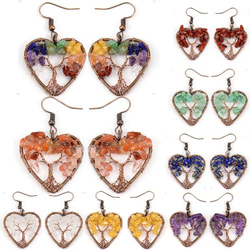 Edelstein Tropfen Ohrring, mit Messingdraht & Zinklegierung, Herz, handgemacht, verschiedenen Materialien für die Wahl & für Frau & hohl, antike Kupferfarbe, verkauft von Paar