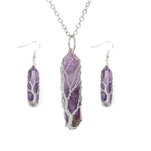 Ensembles-cadeaux bijoux, pierre gemme, boucle d'oreille & collier, avec laiton, fait à la main, 2 pièces & différents matériaux pour le choix & pour femme, Vendu par fixé