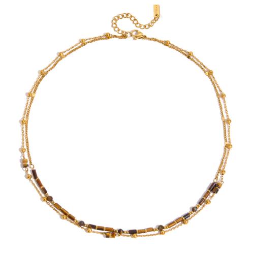 Tiger Eye Necklace, 304 Stainless Steel, with Tiger Eye, plated, Double Layer & fashion jewelry & for woman, golden 