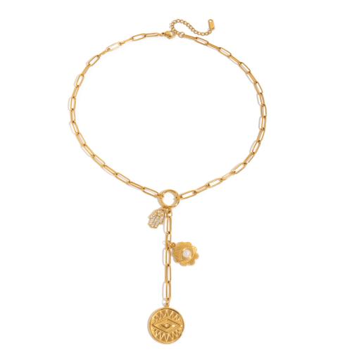 Zirkonia Edelstahl Halskette, 304 Edelstahl, mit kubischer Zirkonia & Kunststoff Perlen, 18K vergoldet, Modeschmuck & verschiedene Stile für Wahl & für Frau, verkauft von PC