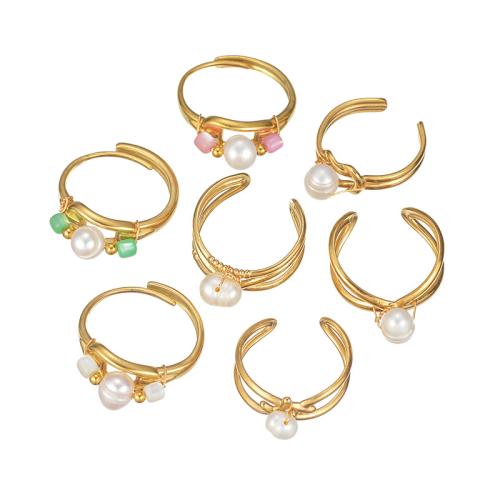 Bague en acier inoxydable, Acier inoxydable 304, avec perle de plastique, Placage, styles différents pour le choix & pour femme & creux, doré, Vendu par PC