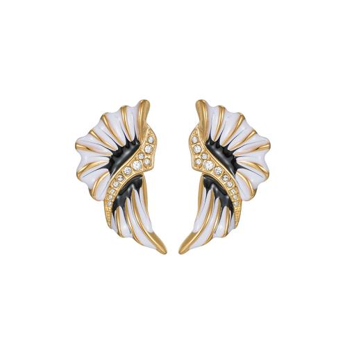clou d'oreille en acier inoxydable avec stras, Acier inoxydable 304, forme d'aile, Placage de couleur d'or, pour femme & émail & avec strass, plus de couleurs à choisir, Vendu par paire