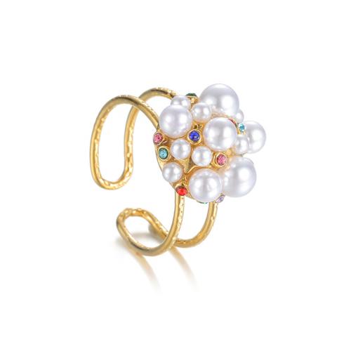 Strass Edelstahl Fingerring, 304 Edelstahl, mit Kunststoff Perlen, plattiert, verschiedene Stile für Wahl & für Frau & mit Strass & hohl, goldfarben, verkauft von PC