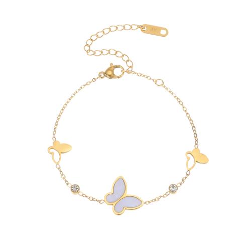 Bracelets en acier inoxydable, Acier inoxydable 304, avec coquille blanche, Placage, pour femme & avec strass & creux, doré, Vendu par PC