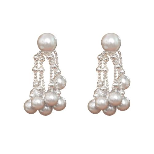 Boucle d'oreille de Perles verre, laiton, avec Des billes de verre, Placage, bijoux de mode & pour femme, argent 3.4cm; Pearl 8-4mm, Vendu par paire