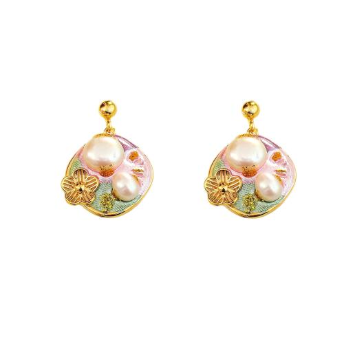 Boucles d'oreilles d'eau douce de Perle , laiton, avec perle d'eau douce cultivée, peinture, bijoux de mode & pour femme, doré Vendu par paire