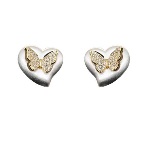 Befestiger Zirkonia Messing Ohrring, Herz, 14 K vergoldet, gebürstet & Micro pave Zirkonia & für Frau, Silberfarbe, 15x16mm, verkauft von Paar