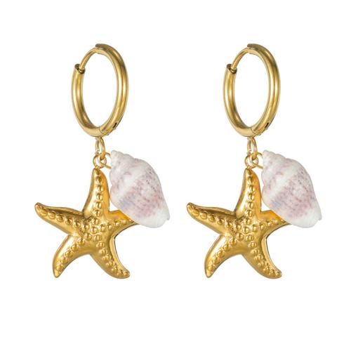 Boucle d'oreille goutte inox, Acier inoxydable 304, avec coquille de trompette, Placage, bijoux de mode & styles différents pour le choix & pour femme, doré, Vendu par paire