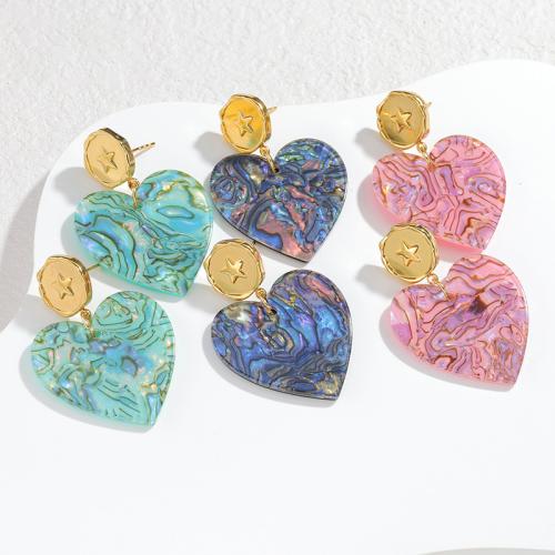 Boucle d'oreille goutte inox, Acier inoxydable 304, avec Acrylique, coeur, Placage de couleur d'or, bijoux de mode & pour femme, plus de couleurs à choisir, Vendu par paire