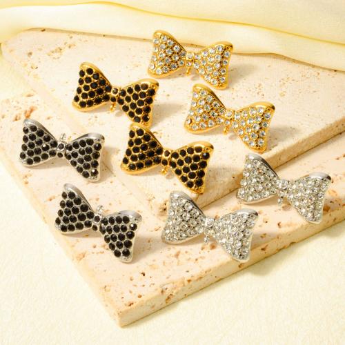 clou d'oreille en acier inoxydable avec stras, Acier inoxydable 304, Noeud papillon, Placage, bijoux de mode & avec strass, plus de couleurs à choisir Vendu par paire