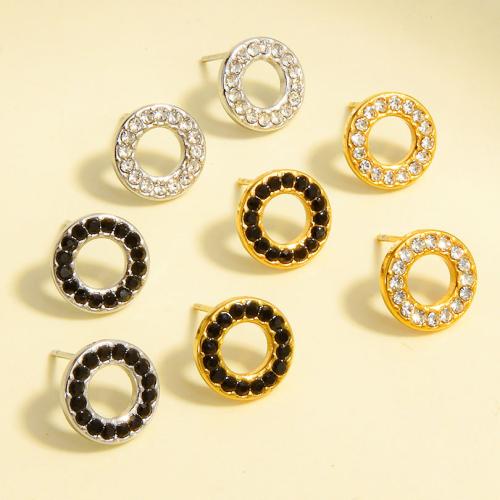 clou d'oreille en acier inoxydable avec stras, Acier inoxydable 304, Rond, Placage, bijoux de mode & avec strass & creux, plus de couleurs à choisir, Vendu par paire
