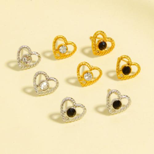 clou d'oreille en acier inoxydable avec stras, Acier inoxydable 304, coeur, Placage, bijoux de mode & avec strass, plus de couleurs à choisir Vendu par paire
