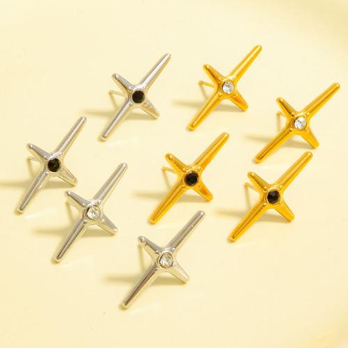 clou d'oreille en acier inoxydable avec stras, Acier inoxydable 304, croix, Placage, bijoux de mode & avec strass, plus de couleurs à choisir Vendu par paire