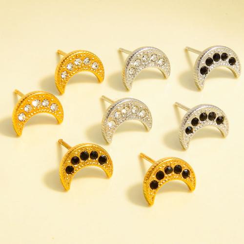 clou d'oreille en acier inoxydable avec stras, Acier inoxydable 304, lune, Placage, bijoux de mode & avec strass, plus de couleurs à choisir Vendu par paire