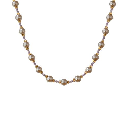Glass Pearl Necklace, Brass, with Glass Beads & Crystal, with 5.5cm extender chain, 18K gold plated, fashion jewelry & for woman, Pearl 6mm cm 