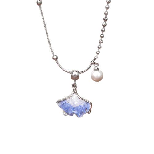 Brass Sweater Kette Halskette, Messing, mit Glasperlen & Kristall, mit Verlängerungskettchen von 5.5cm, Ginkgo-Blatt, plattiert, Modeschmuck & für Frau, Platin Farbe, The pendant is 2.3cm long and 1.8cm wide. Pearl 6mm, Länge:43.5 cm, verkauft von PC