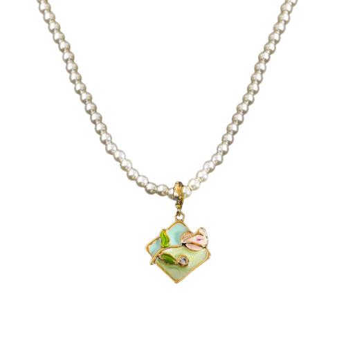 Collier en perles de verre Pull, laiton, avec Des billes de verre, avec 6cm chaînes de rallonge, Tulip, Plaqué or 18K, pavé de micro zircon & pour femme & émail, The pendant is 2.7cm long and 1.7cm wide cm, Vendu par PC