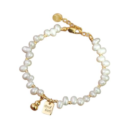 bracelet en laiton de perle d'eau douce cultivée, avec perle d'eau douce cultivée, avec 3cm chaînes de rallonge, calebasse, Plaqué or 18K, bijoux de mode & pour femme cm, Vendu par PC