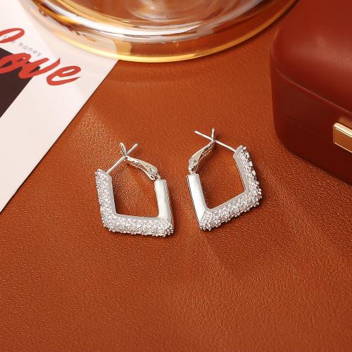 Befestiger Zirkonia Messing Ohrring, Rhombus, plattiert, Modeschmuck & Micro pave Zirkonia & für Frau, Silberfarbe, verkauft von Paar