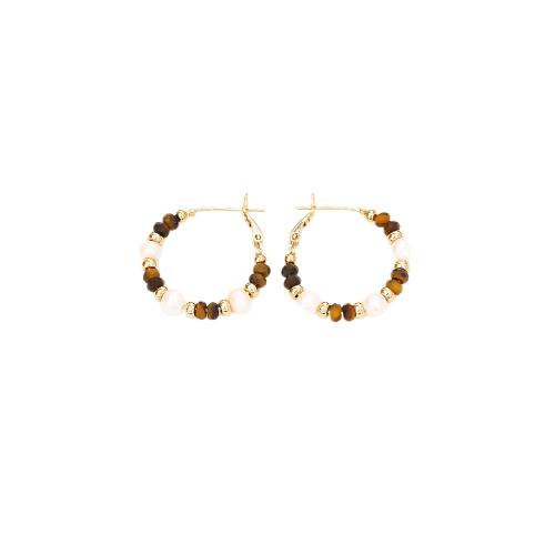 Boucles d'oreilles d'eau douce de Perle , laiton, avec oeil de tigre & perle d'eau douce cultivée, Plaqué d'or, bijoux de mode & pour femme, Vendu par paire