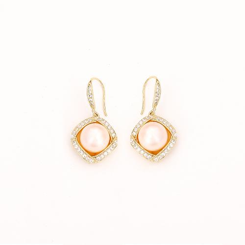 Boucles d'oreilles en laiton zircon cubique pavent, avec perle de plastique, Plaqué d'or, bijoux de mode & pavé de micro zircon & pour femme, Vendu par paire
